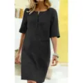Short sleeve linen blend dress in black, V-neck casual midi style for women. - S / Black