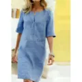 Light Blue Short Sleeve Cotton Linen Dress Casual V-Neck Midi Summer Style Variant Item - Sky Blue