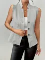 Gilet de costume sans manches en tricot gris argenté pour femmes avec boutons et tresses - S / Gris