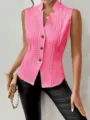 Gilet sans manches rose vif pour femme en tricot avec boutons et texture diamant élégante. - Rose Éclatant