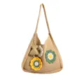 Casual crochet tote bag for women, stylish hollow out knit shoulder bag with cute flower charms. - With Pendant / Khaki