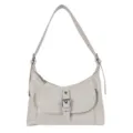 Beige patent leather shoulder bag, trendy underarm handbag with front pocket and buckle. - White