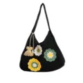 Black knitted shoulder bag with cute crochet flower patterns and a pendant, stylish summer tote. - With Pendant / Black