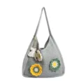 Grey crochet tote bag for women, hollow out knit shoulder bag with cute flower charms. - With Pendant / Gray