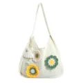 Off-white crochet knitted shoulder bag with floral appliques, casual summer hollow tote. - With Pendant / Off White