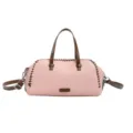 Roze Boston tas voor dames, retro contrasterende kleur met bruine handvatten en schouderriem. - Roze