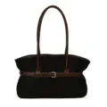 Black tote bag with brown handles and stylish decorative belt, large capacity commuter bag. - Black