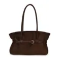 Brown suede shoulder tote bag with elegant belt buckle design for women daily use. - Brown