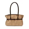 Khaki suede shoulder bag with brown straps and buckle, stylish autumn commuter tote bag. - Khaki