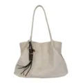 Minimalist beige leather tote bag with tassel charm, large capacity women shoulder bag. - With Pendant / White