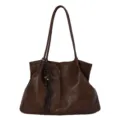 Retro brown leather tote bag, large capacity women shoulder bag with stylish tassel charm. - With Pendant / Brown