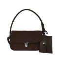 Dark brown leather underarm baguette bag with metal clasp, casual daily commute shoulder handbag. - Coffee