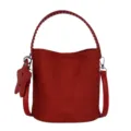 Sac seau rouge chic en suédine bandoulière sac à main élégant casual poignée tressée. - Rouge