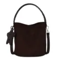 Élégant sac seau en suédine marron foncé avec poignée tressée et charm en forme d'étoile. - Marron