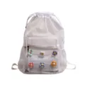 Korean style white mesh drawstring backpack with colorful crochet flowers for campus daily use - White
