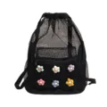 Casual Black Mesh Drawstring Backpack with Cute Crochet Flowers Student School Bag - Black