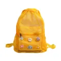 Korean style yellow mesh drawstring backpack with cute crochet flowers for daily student commuter use. - Yellow