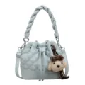 Light blue quilted bucket bag with braided handle and cute plush dog charm for women. - With Pendant / Blue