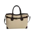Canvas tote bag for women, stylish two-tone shoulder bag with top handle and buckle. - Off White