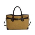 Minimalist canvas shoulder bag for women, stylish brown leather trim commuter handbag. - Khaki