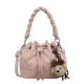 Pink quilted bucket bag with braided handle and cute bear charm for women daily commuting style. - With Pendant / Pink