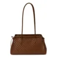Bolso de hombro marrón de cuero trenzado para mujer, elegante bolso de mano con asas dobles. - Marrón