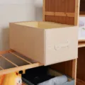 Foldable fabric storage box with leather handle for wardrobe clothes organization. - 41x24x18cm / Khaki