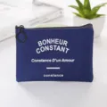Dark blue canvas zipper coin purse with white letter print, portable small card holder bag. - English Dark Blue