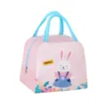 Cute pink insulated lunch bag with blue handles, adorable rabbit and floral print design. - Pink Rabbit
