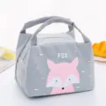 Oxford cloth insulated lunch bag with cute cartoon fox print, portable thermal bento tote. - Pink Fox
