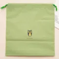 Green cute owl print fabric drawstring storage bag for travel shoes socks and stationery. - Owl