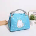 Blue oxford cloth insulated lunch bag with cute cat print, portable bento thermal bag for work. - A Little Kitten