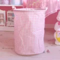 Cesta de ropa de tela a cuadros rosados contenedor de almacenamiento para el hogar. - Cuadrícula rosa