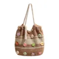 Knitted crochet tote bag with colorful 3D flowers casual striped shoulder bag for women - Khaki