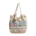 Chic crochet tote bag with colorful flower accents and shoulder straps. Casual style. - Blue