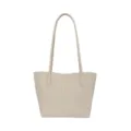 Minimalist beige woven tote bag for women, stylish shoulder bag with comfortable double handles. - White