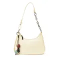 Chic cream crocodile pattern shoulder bag with metal chain strap and cute beaded charm. - White