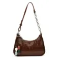 Brown crocodile texture shoulder bag with chain strap and chic pendant, casual hobo purse. - With Pendant / Brown