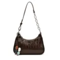Brown crocodile pattern shoulder bag with chain strap and chic pebble charm for stylish women. - With Pendant / Coffee