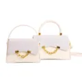 Stylish women small square shoulder bag, elegant white handbag with glitter flap and gold chain. - L / White