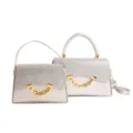 Silver glitter crossbody handbag with gold chain detail, stylish women shoulder bag. - Silver
