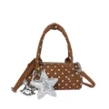 Borsa a mano cilindrica a pois marrone con variante ciondolo stella argento da donna - con portachiavi / Marrone