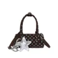 Sac bandoulière cylindrique marron à pois bleus, pendentif étoile et texture tressée élégante. - Café