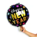 18 inch round black Happy New Year foil balloon for holiday party decoration and celebration. - 18-Inch Large Polka Dot New Year