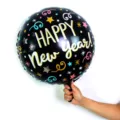 18-inch black round Happy New Year foil balloon party decoration for holiday events and celebrations. - 18 Inch Ribbons Stars New Year