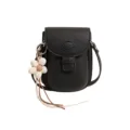 Mini black leather crossbody shoulder bag for women with cute flower pendant charm casual chic. - With Pendant / Black