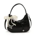Black woven hobo shoulder bag with elegant white pearl bow accent for women chic daily wear. - With Pendant / Black