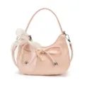 Pink woven crescent shoulder bag with pearl bow, stylish women's chic underarm handbag. - With Pendant / Pink