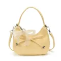 Light yellow woven crescent shoulder bag with elegant pearl ribbon bow, chic crossbody purse. - With Pendant / Yellow