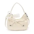 White woven hobo shoulder bag with elegant pearl bow, stylish daily underarm purse. - Off White
